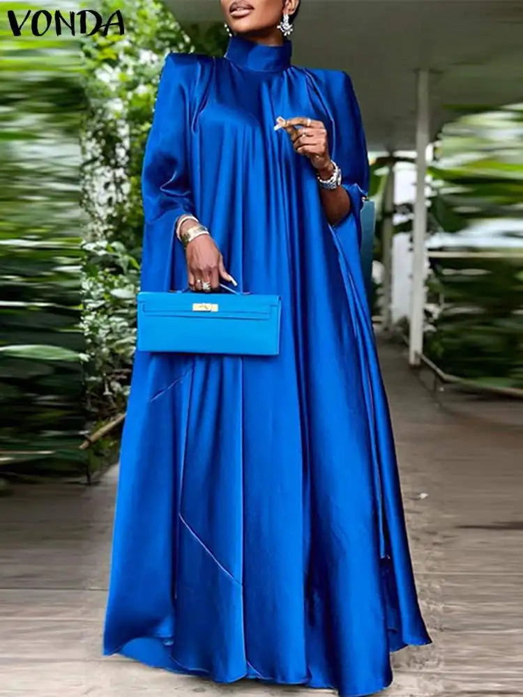 Elegant Evening Dress VONDA Women Pleated Stand Collar Long Sleeve Satin Party Sundress Autumn Casual Solid Loose Robe Vestidos