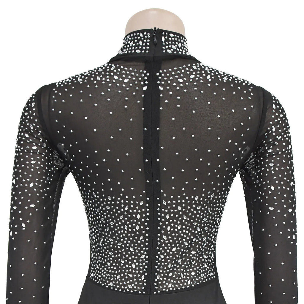 Women's Glittery Rhinestones Gymnastics Jumpsuit Sheer Mesh Patchwork Mock Neck Long Sleeve Dance Rompers One-piece Bodysuit