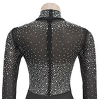 Women's Glittery Rhinestones Gymnastics Jumpsuit Sheer Mesh Patchwork Mock Neck Long Sleeve Dance Rompers One-piece Bodysuit