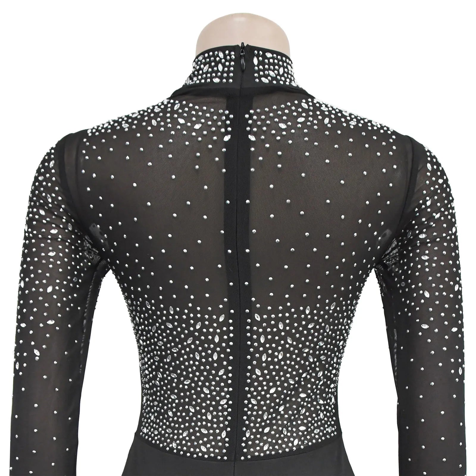 Women's Glittery Rhinestones Gymnastics Jumpsuit Sheer Mesh Patchwork Mock Neck Long Sleeve Dance Rompers One-piece Bodysuit