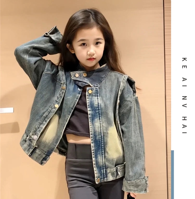 Cowgirl Streetwear Blue Denim Jacket Girl Harajuku Washed Distressed Jacket For Kids Child Gothic Punk Ripped Jeans Coat 5-14 T