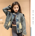 Cowgirl Streetwear Blue Denim Jacket Girl Harajuku Washed Distressed Jacket For Kids Child Gothic Punk Ripped Jeans Coat 5-14 T