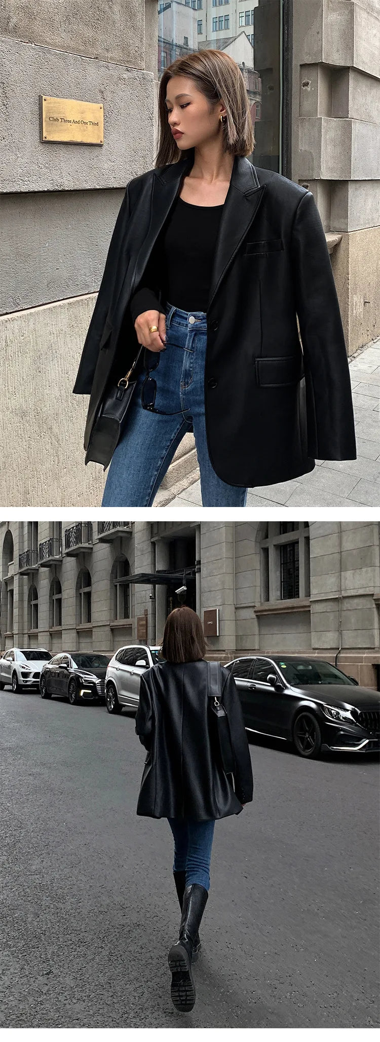Women Black Brown Soft PU Leather Blazer Shoulder Pads Long Sleeve Single Breasted Loose Casual Jacket Tops Korean Fashion Coat