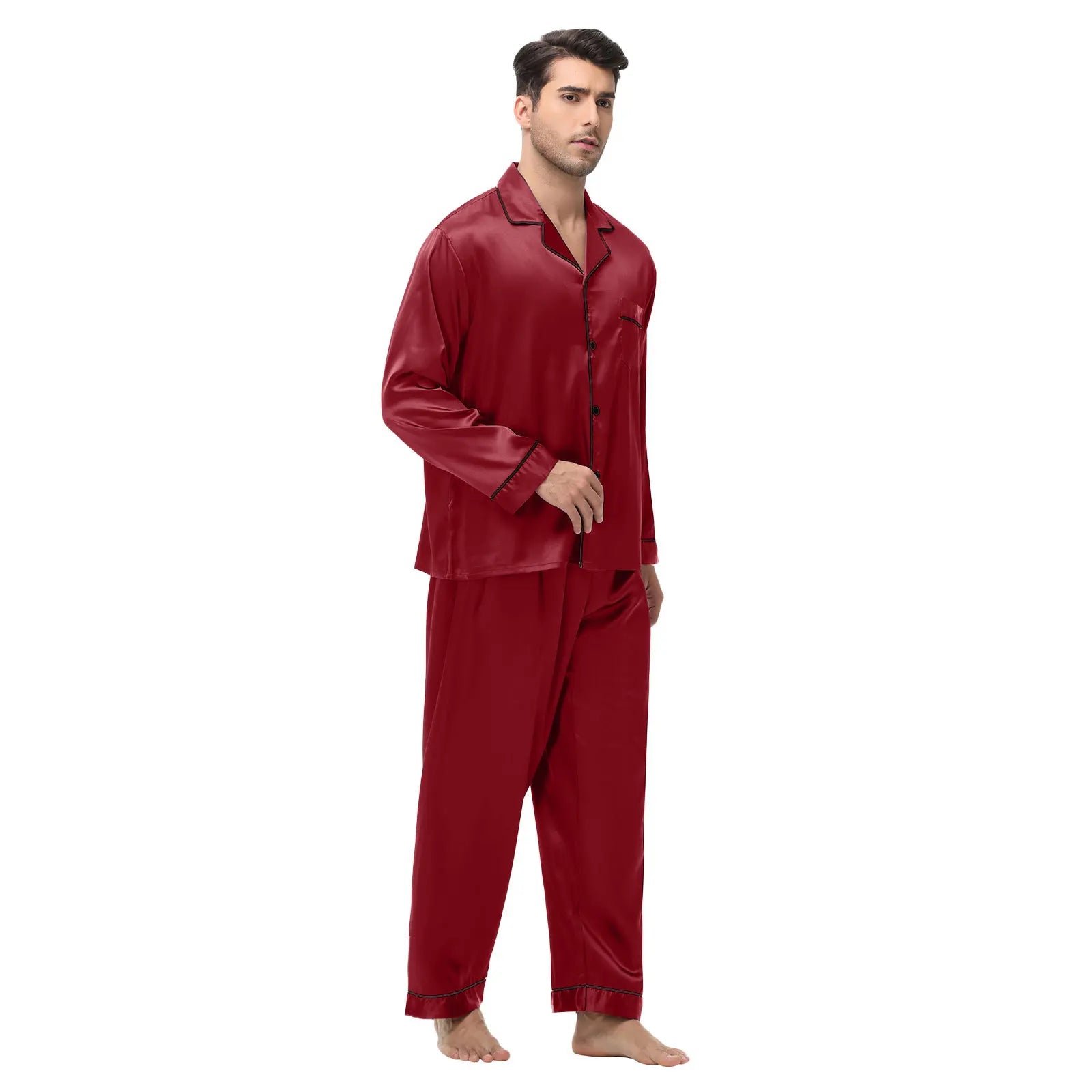 Men Pajamas Set Silk Satin Sleepwear