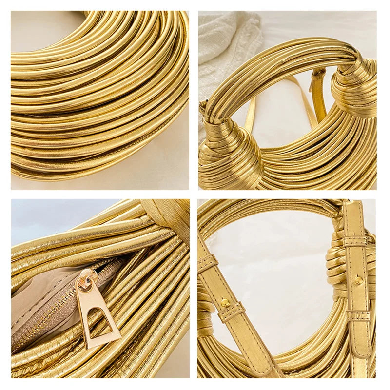 Women 2025 New Gold Luxury Designer Brand Handwoven Noodle Bags Rope Knotted Pulled Hobo Silver Evening Clutch Chic