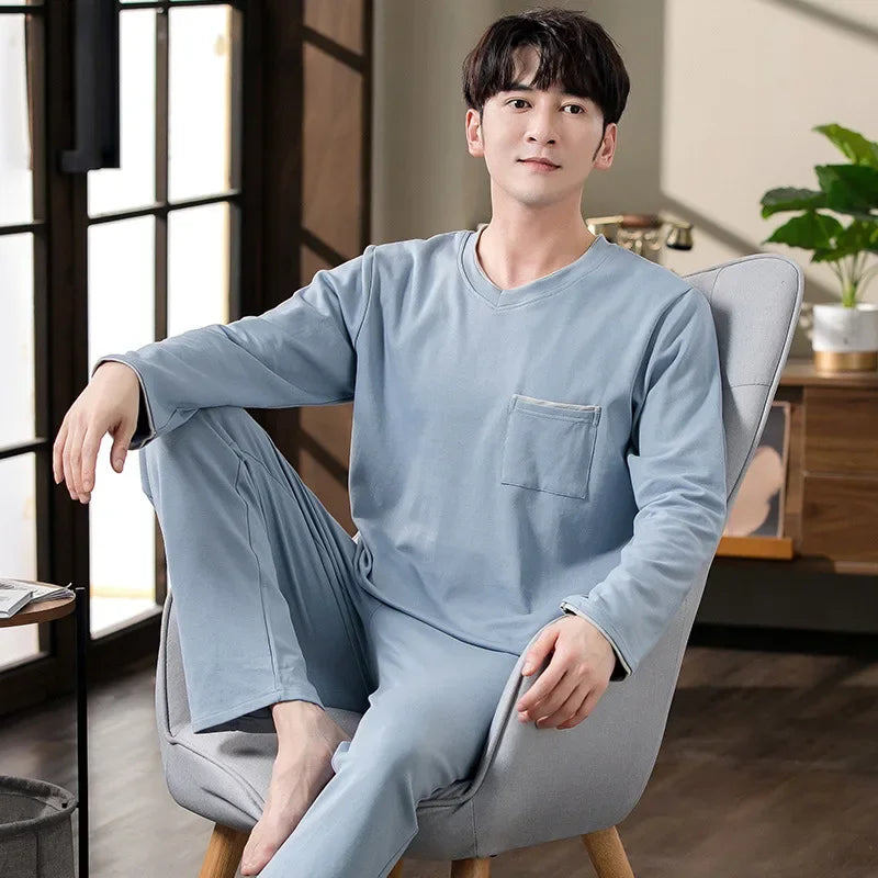 Fashion Lounge Pajamas Sets Men's Spring New Long-sleeved Tops with Trousers Cotton Homewear Comfort Simple Sleepwear Two Pieces