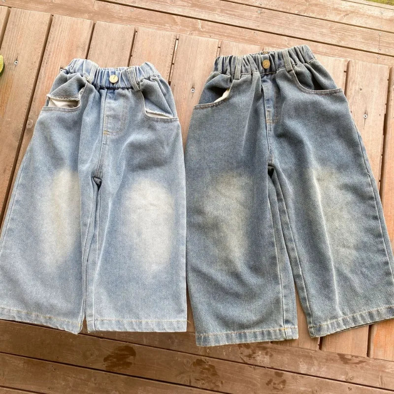 Children Wide Leg Jeans Spring Autumn Boy and Girl Elastic Waist Straight Leg Denim Pants Kids Casual Versatile Trousers A40056