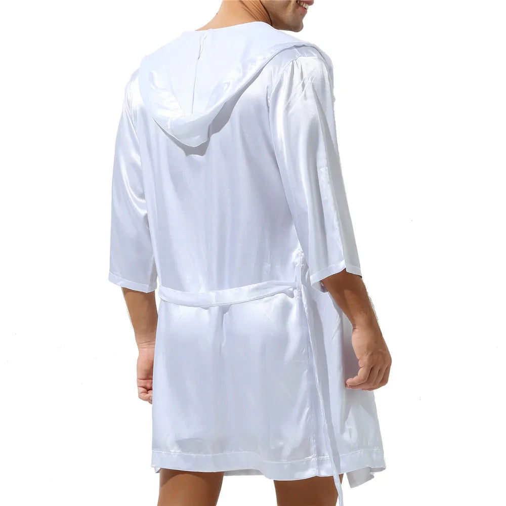 Mens Hooded Bath Robe Short Sleeve House Robe Satin Silk Lounge Bathrobes with Belt Men's Pajamas Homme Kimono Robes Sleepwear
