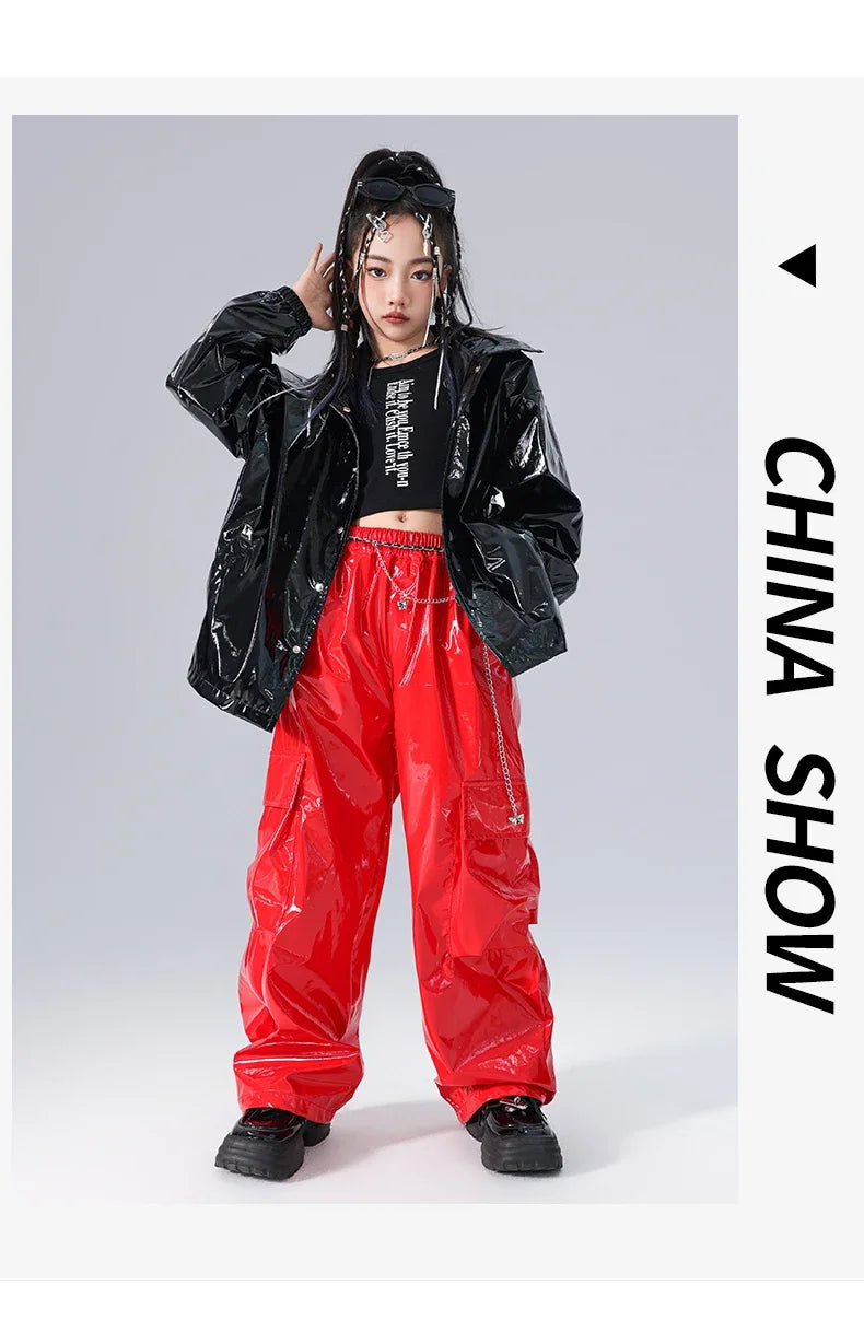Boys K-pop Fashion Leather Jacket Street Dance Cargo Pants Girl Hip Hop Streetwear Kids Children Jazz Shiny Costume Clothes Sets