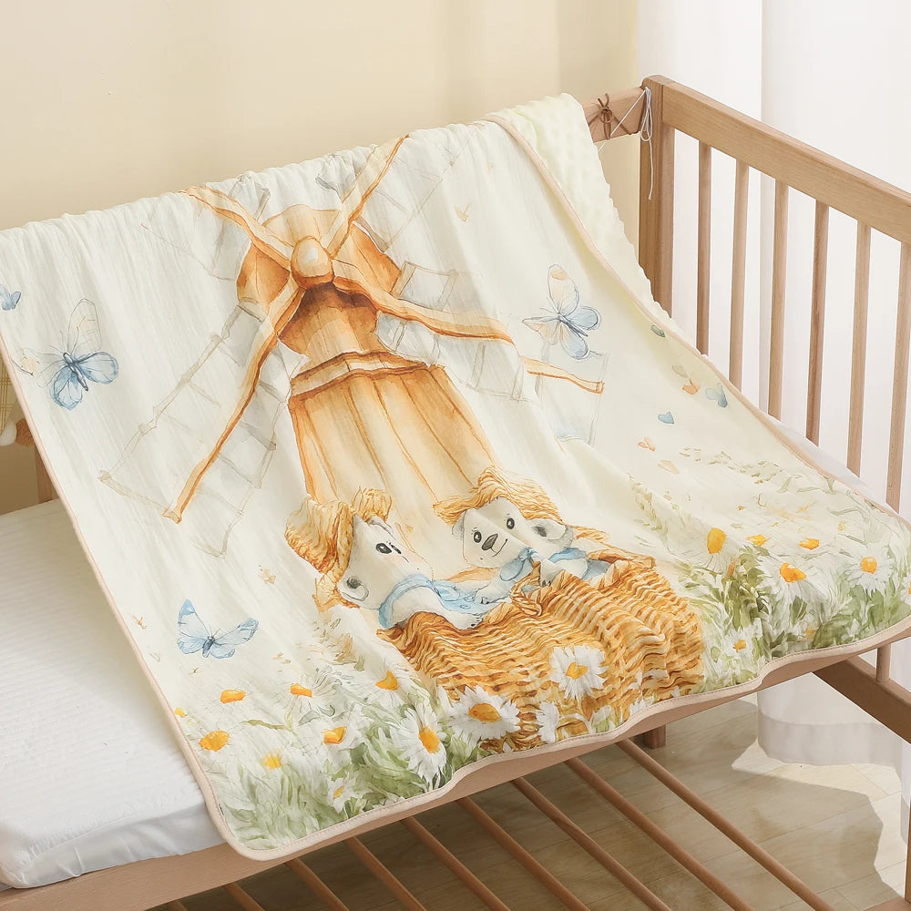 Baby A-level crepe fabric, holding the child, wrapped in a bean velvet blanket, kindergarten baby cartoon, thick and warm fabric