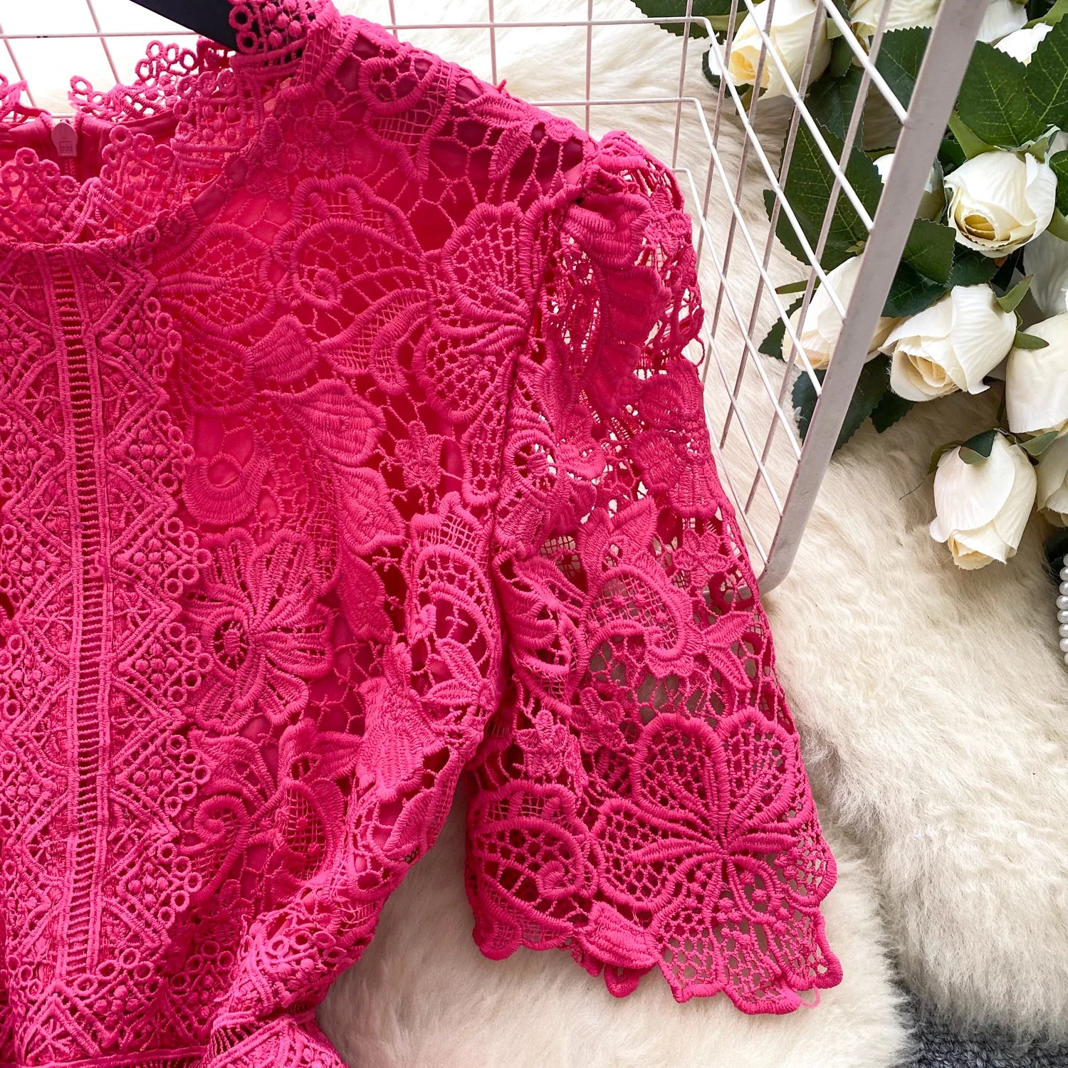 Ele Hollow out Lace ort Sve Dr Women's Summer Slimming A-Line Gown High Waist Korean Sle Commute Suitable