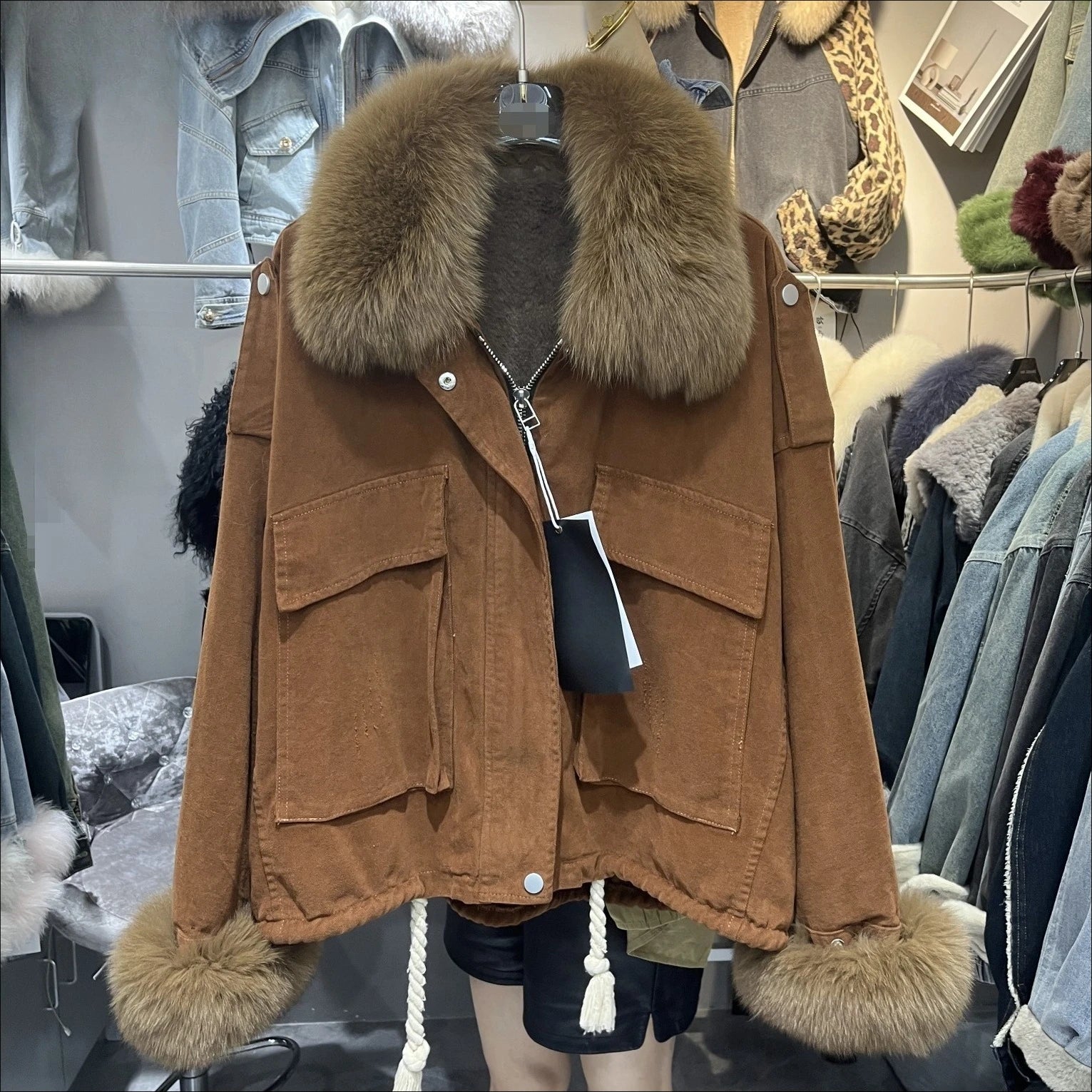 Fox Fur Denim Jacket for Women Fleece-Lined and Thickened Winter 2025 New Korean Style Loose Fit Batwing Sleeve Cotton Coat