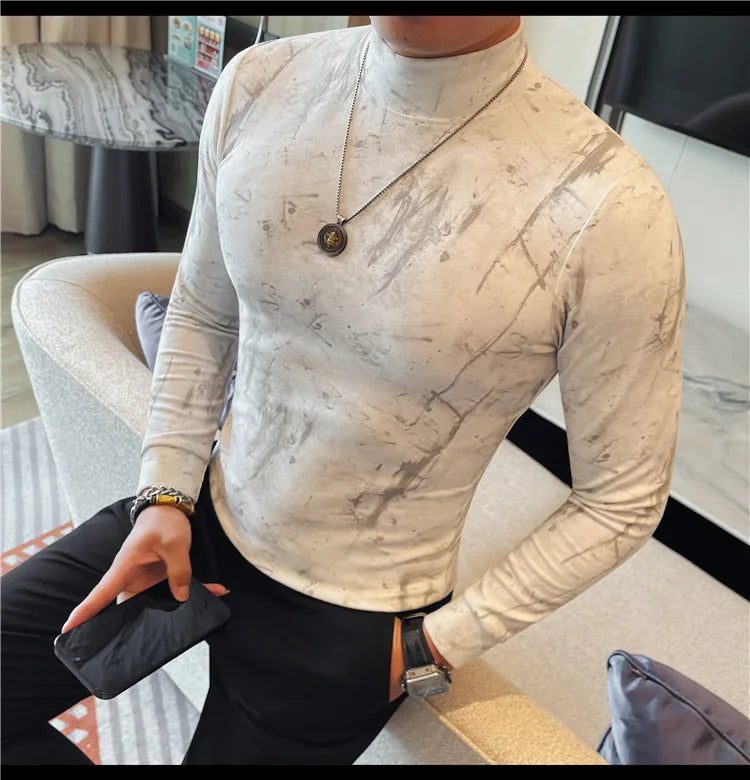 Men Tie-Dye Long-Sleeve T-Shirt | Half-High Collar Base Layer Trendy Versatile Casual Wear 95% Cotton Breathable  Sweat-wicking
