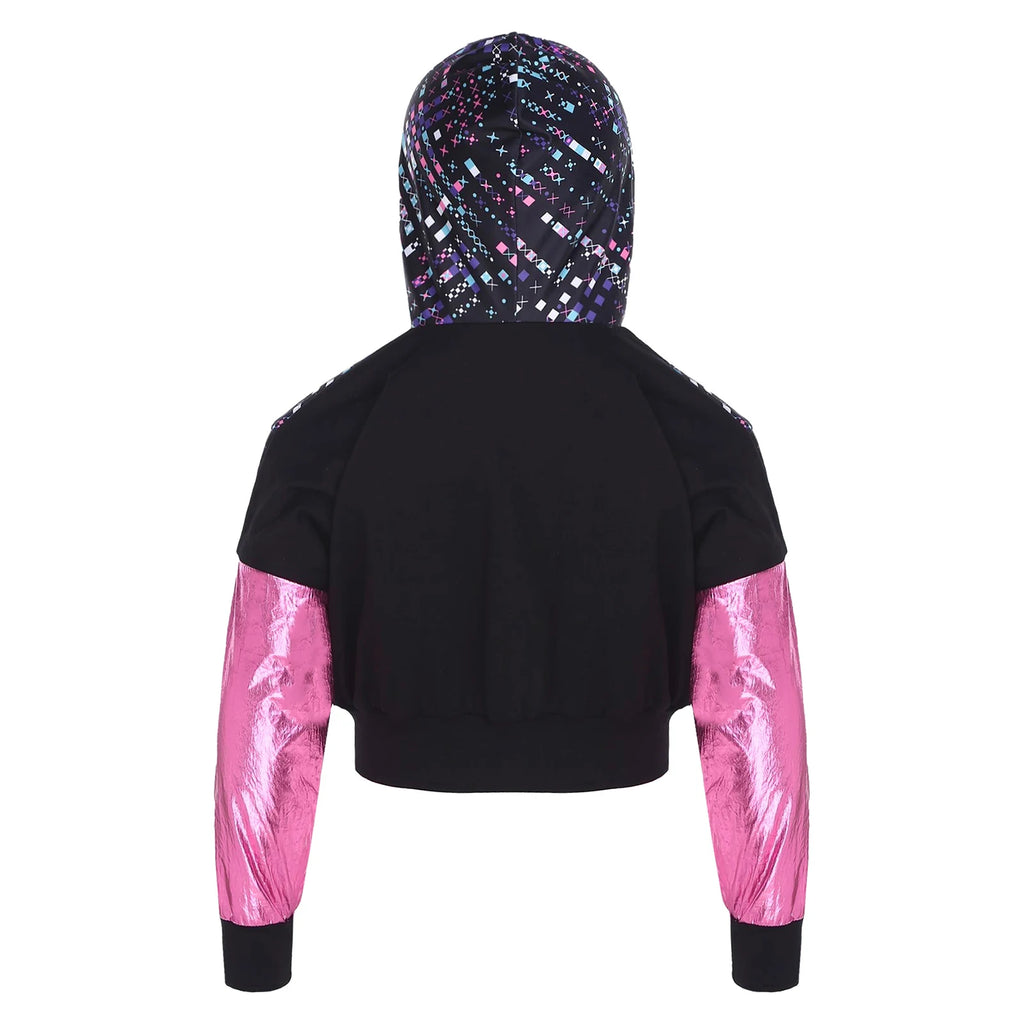 Girls Fashion Print Short Jacket Casual Coat Hooded Tops Long Sleeve Zipper Jacket Outerwear Jazz Dance Performance Costume