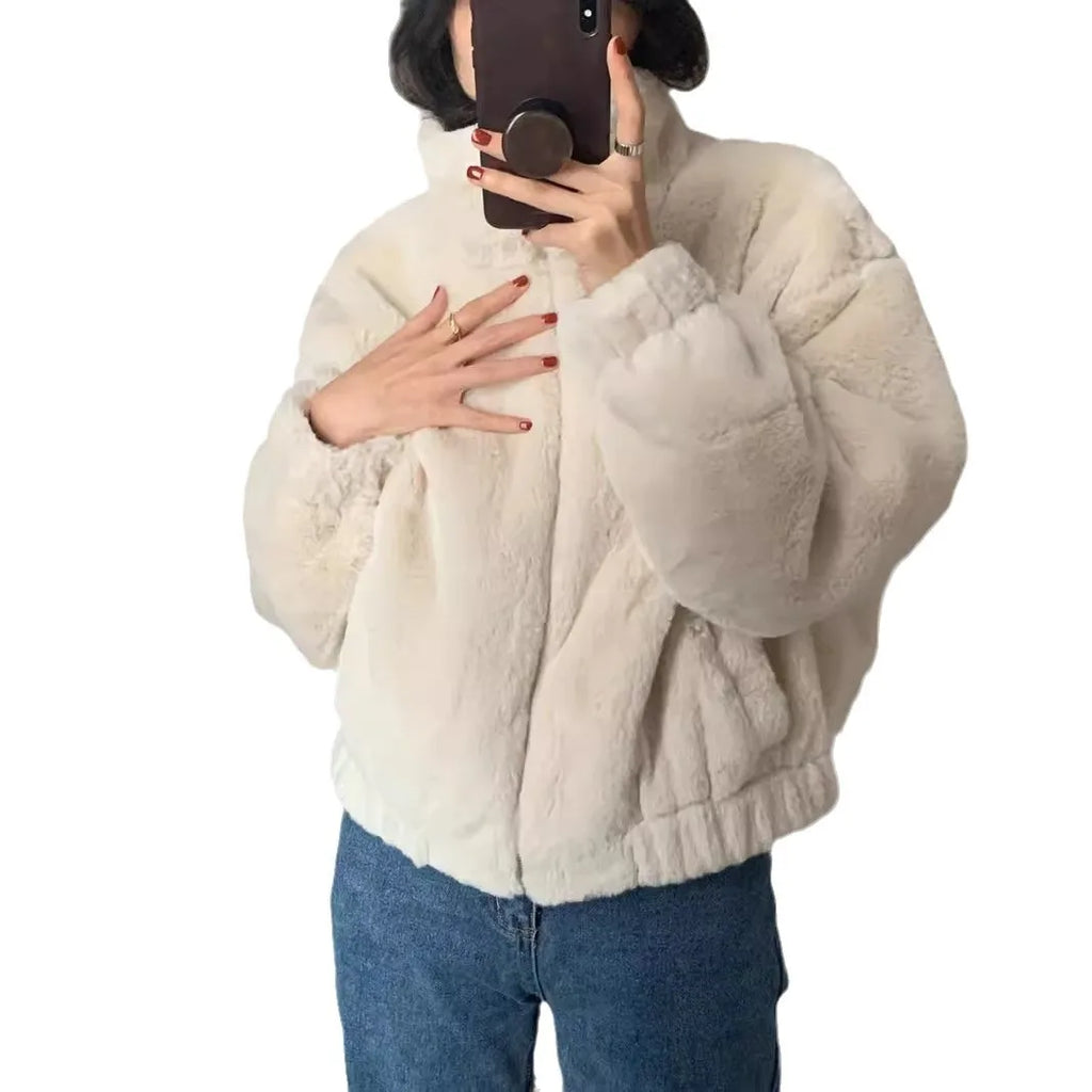 Women Autumn Winter Thicken Warm Coat Stand-Collar Loose Fur Plush Zipper Jacket Soft Comfortable Casual Simple Solid Outerwear
