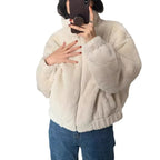 Women Autumn Winter Thicken Warm Coat Stand-Collar Loose Fur Plush Zipper Jacket Soft Comfortable Casual Simple Solid Outerwear