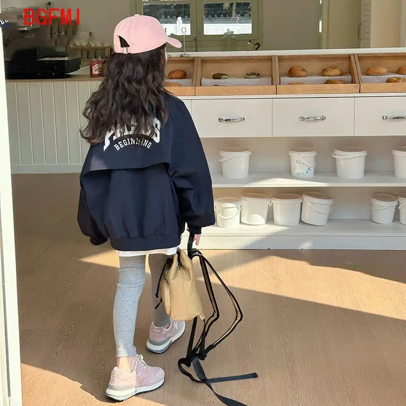 Girl's Fashion Spring Autumn Navy Coat Letter Print Jacket Casual Clothes for Teenagers 4-14Y Windbreaker Girls Children's Top