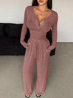 Women's Pajamas Sexy Tight-fitting Button V-neck Long-sleeved Drawstring Long Trousers Two-piece Set Casual Simple Homewear