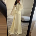 Robes for Woman Elegant O Neck Solid Ruffles Party Pleated Dress Spring Autumn Flare Sleeve Tie-up Slim Female Clothing Vestidos