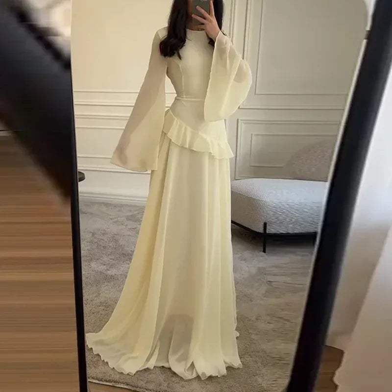 Robes for Woman Elegant O Neck Solid Ruffles Party Pleated Dress Spring Autumn Flare Sleeve Tie-up Slim Female Clothing Vestidos
