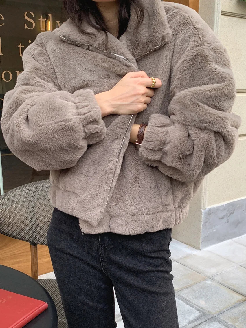 Women Autumn Winter Thicken Warm Coat Stand-Collar Loose Fur Plush Zipper Jacket Soft Comfortable Casual Simple Solid Outerwear