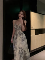 Retro Watercolor Painting Strap Dr Women's Summer New High-End Feeling Waist-Cinching Slimming Holiday Long Dr