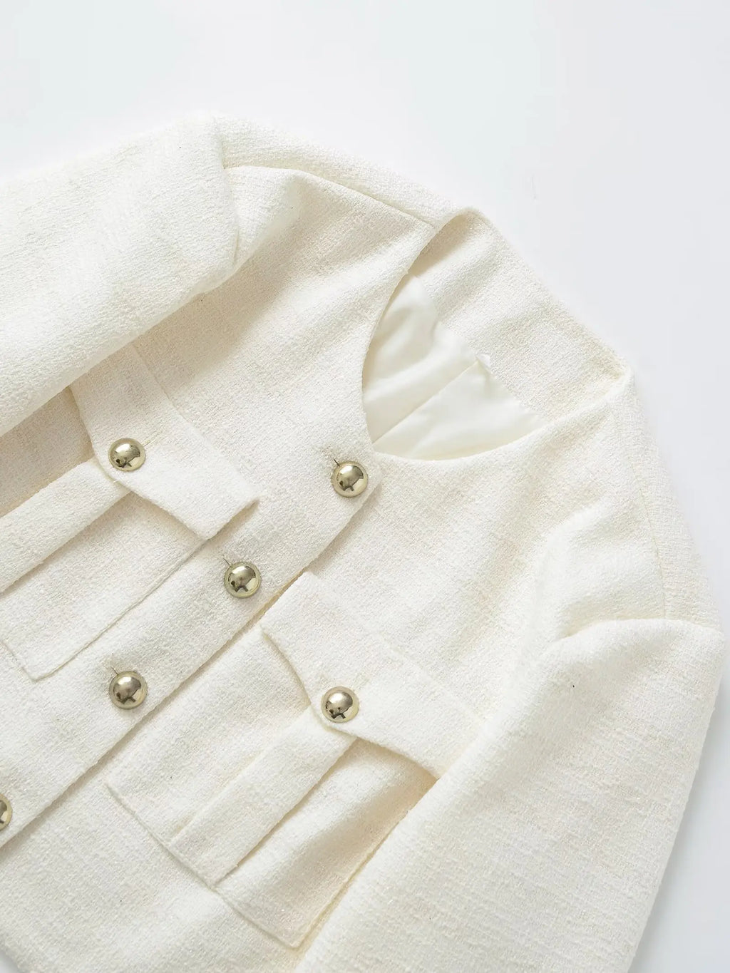 Women's Jacket Autumn New Style White Long Sleeve Button Decorative Short Jacket Aristocratic Style Personalized Fashion