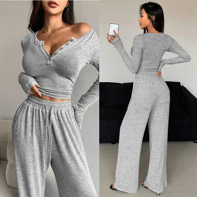 Women's Pajamas Sexy Tight-fitting Button V-neck Long-sleeved Drawstring Long Trousers Two-piece Set Casual Simple Homewear