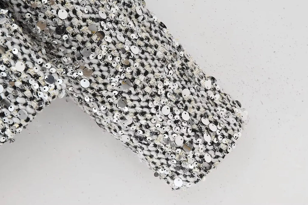 BKQU Tweed Sequined Jackets Women Casual Loose Round Neck Long Sleeved Cropped Silver Cardigan Autumn Female Warm Elegant Coats