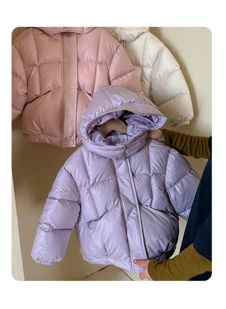 Children's Jacket Girl Thickened Cotton Padded Hooded Puffer Coat 4-8Y Boys Girls Warm Winter Clothes for Kids Shiny Outerwear