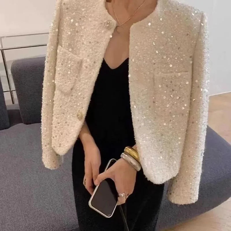 Chic Sequins Sweet Tweed Jacket Women Fall Elegant Long Sleeve Slim Coat Korean Fashion O Neck Design Female All Match New Tops