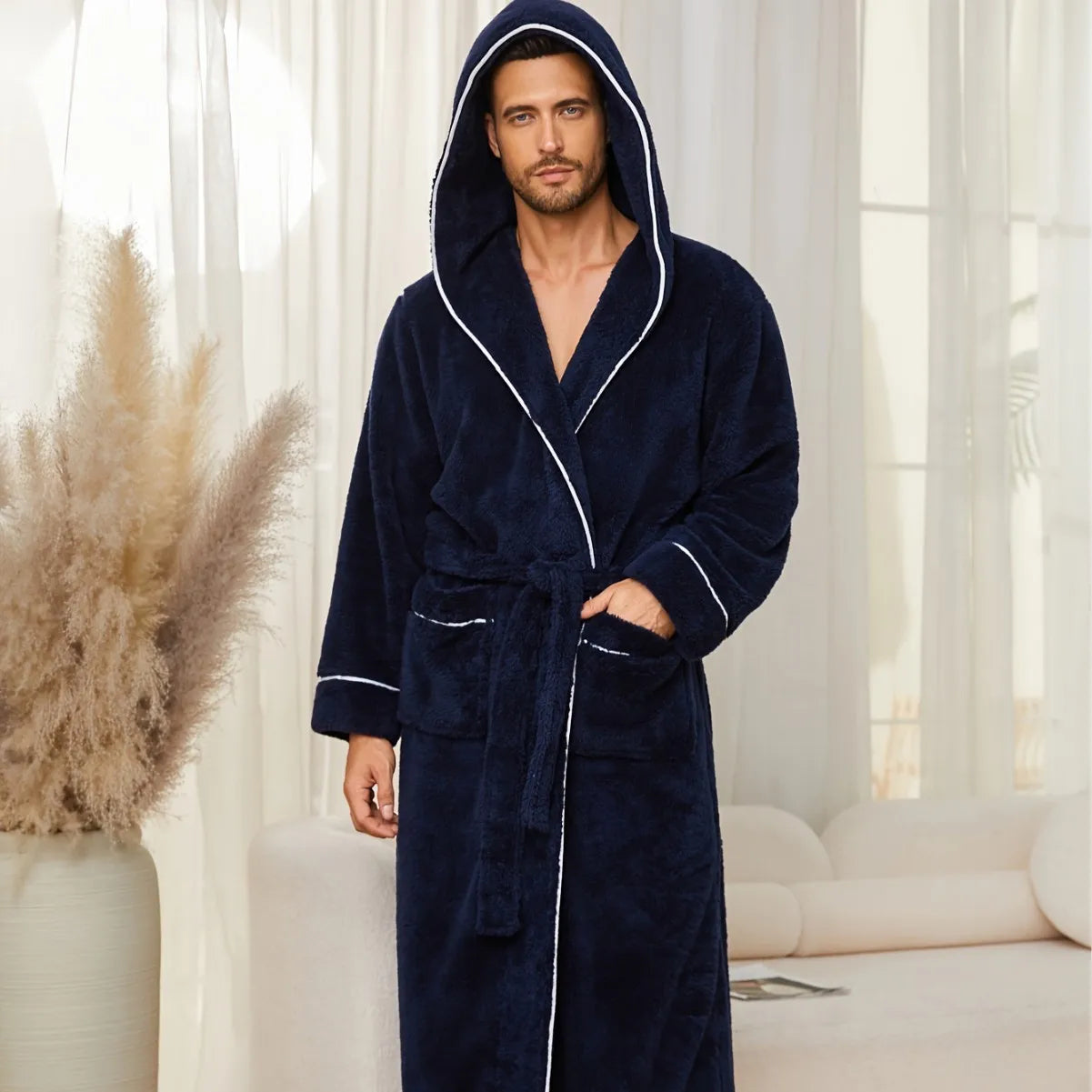 Men's Autumn/Winter New Style Comfortable Cotton Flannel Robe Luxury Open-Front Couples Robe Men's Warm Bathrobe Nightwear
