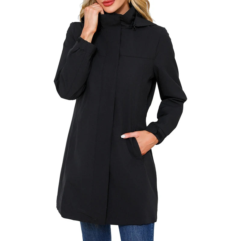 Spring Autumn Women's Solid Color Long Sleeve Lightweight Trench Coat with Detachable Hood Water-Repellent Windbreaker