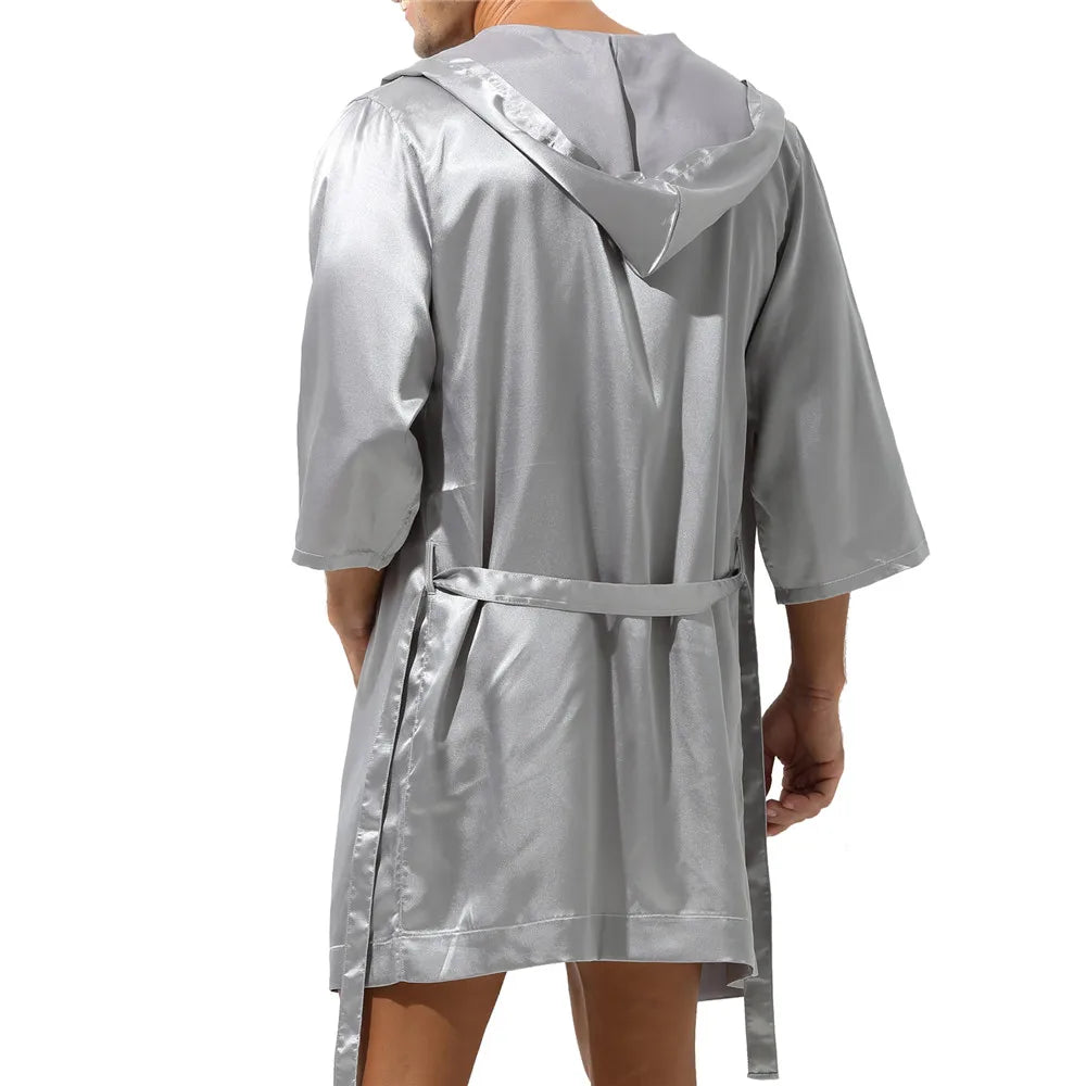 Mens Hooded Bath Robe Short Sleeve House Robe Satin Silk Lounge Bathrobes with Belt Men's Pajamas Homme Kimono Robes Sleepwear