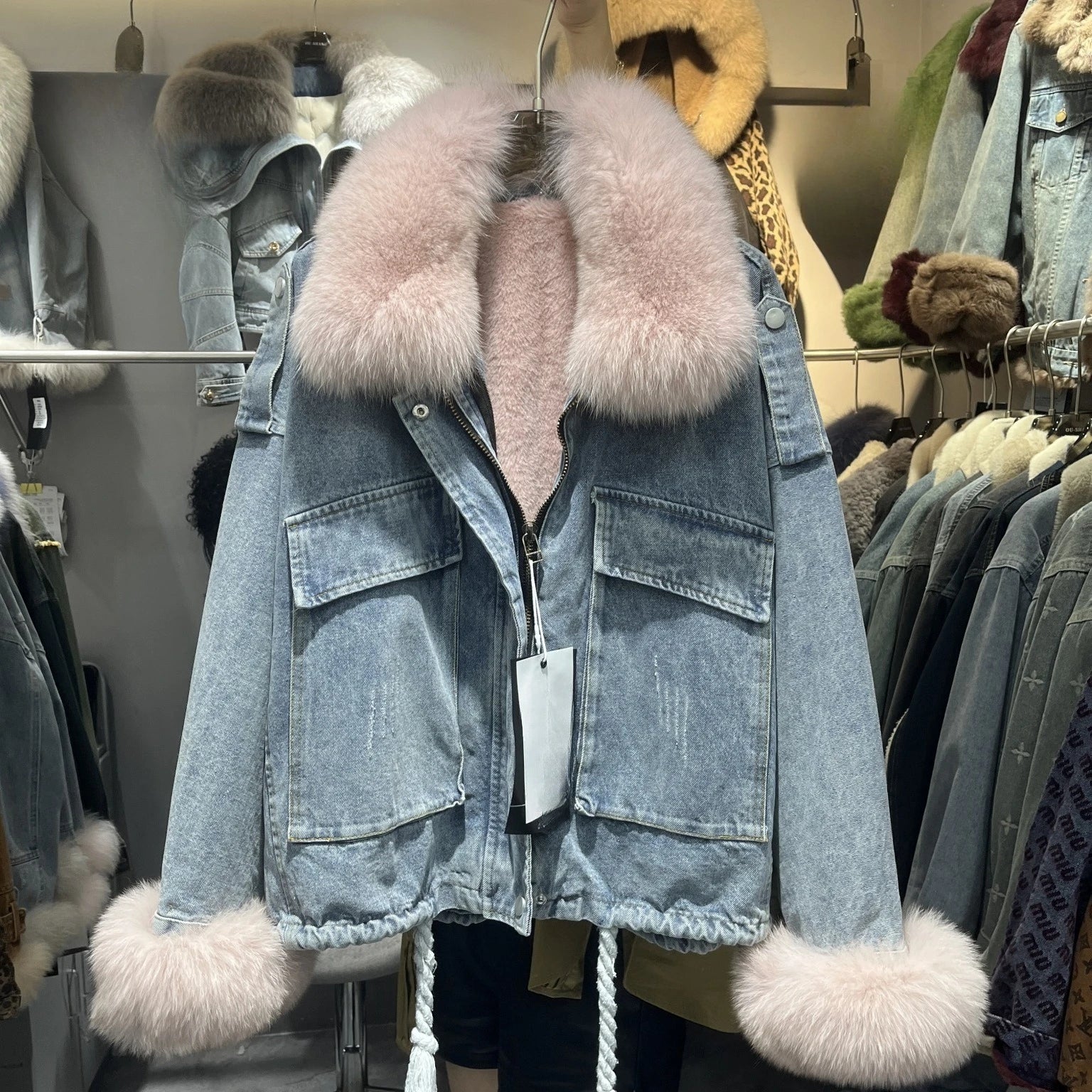 Fox Fur Denim Jacket for Women Fleece-Lined and Thickened Winter 2025 New Korean Style Loose Fit Batwing Sleeve Cotton Coat
