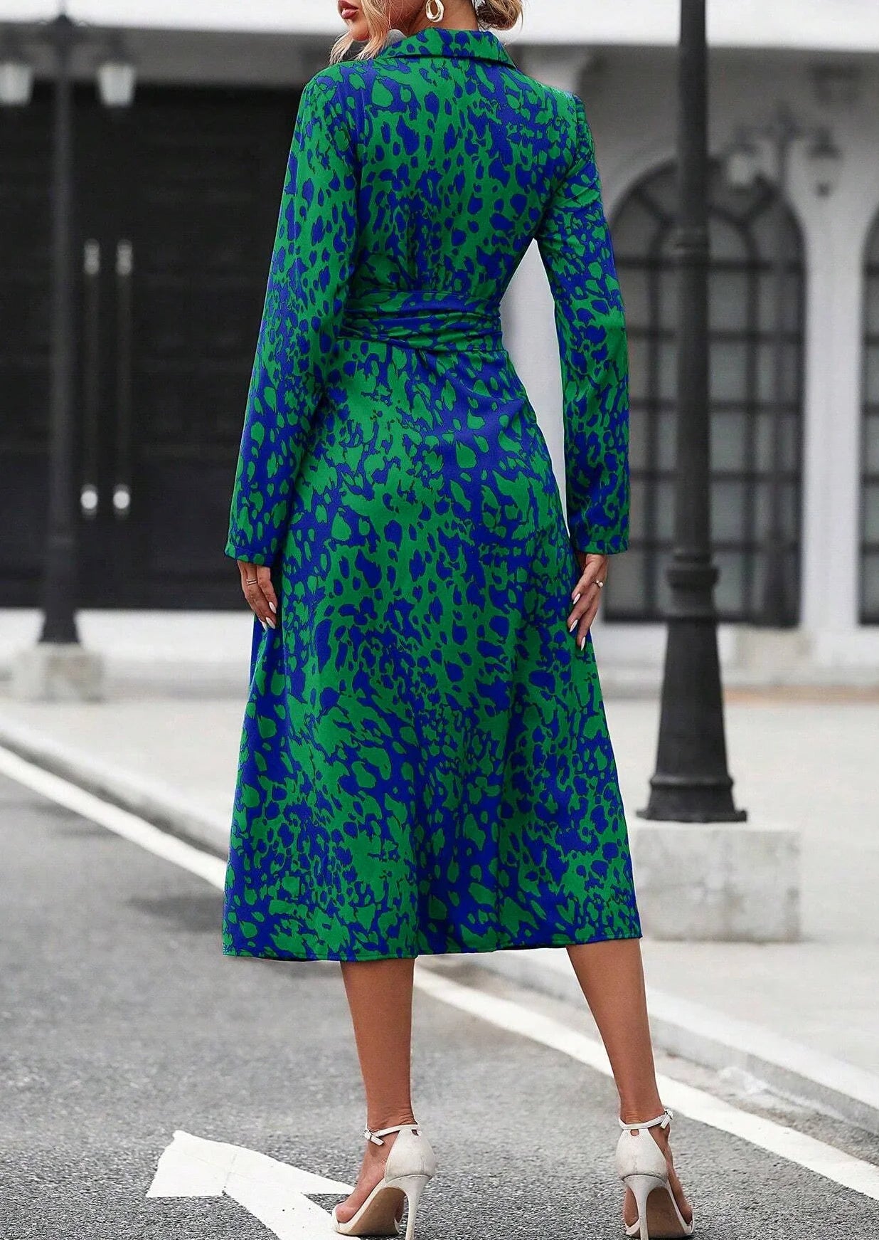 Elegant Random Print Button Down Shirt Dress Women's Long Sleeve Belted Waist Midi Dress Spring Fall Office Casual Dress