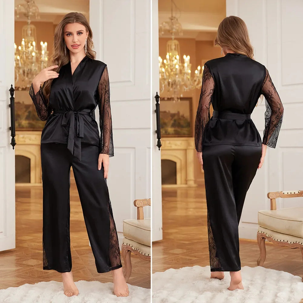 Female Pajamas 2PCS Set Sexy Perspective Lace Long Sleeve Trouser Pijamas Suit Sleepwear Loose Silk Satin Homewear Loungewear