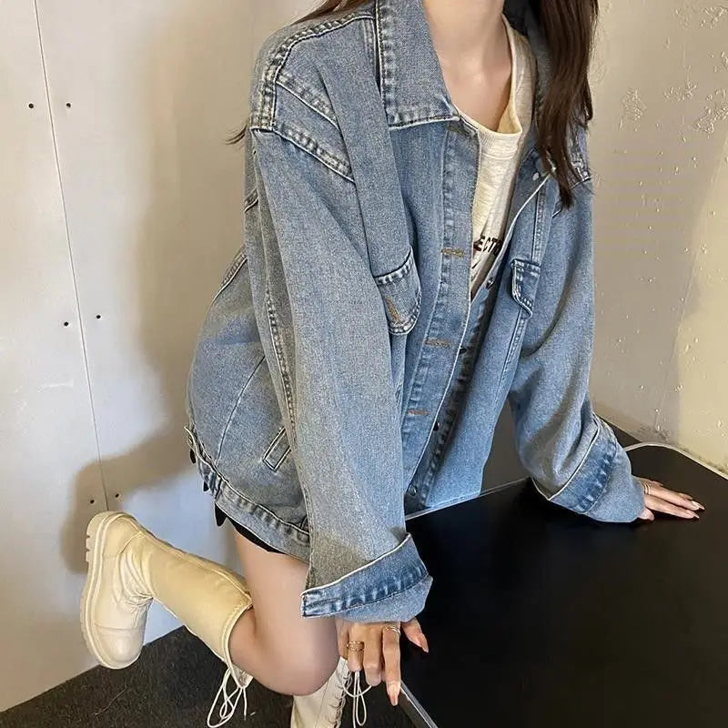 2025 Spring Autumn New Women Denim Jacket Boyfriend Loose Harajuku Design Unique Mid Length Casual All Match Outerwear