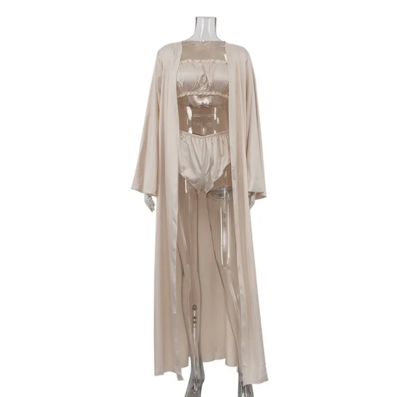 Women Pajamas 3 Piece Set Elegant Long Cardigan Robe + Strapless Tube Top + Shorts Set Loungewear Homewear Household Clothes