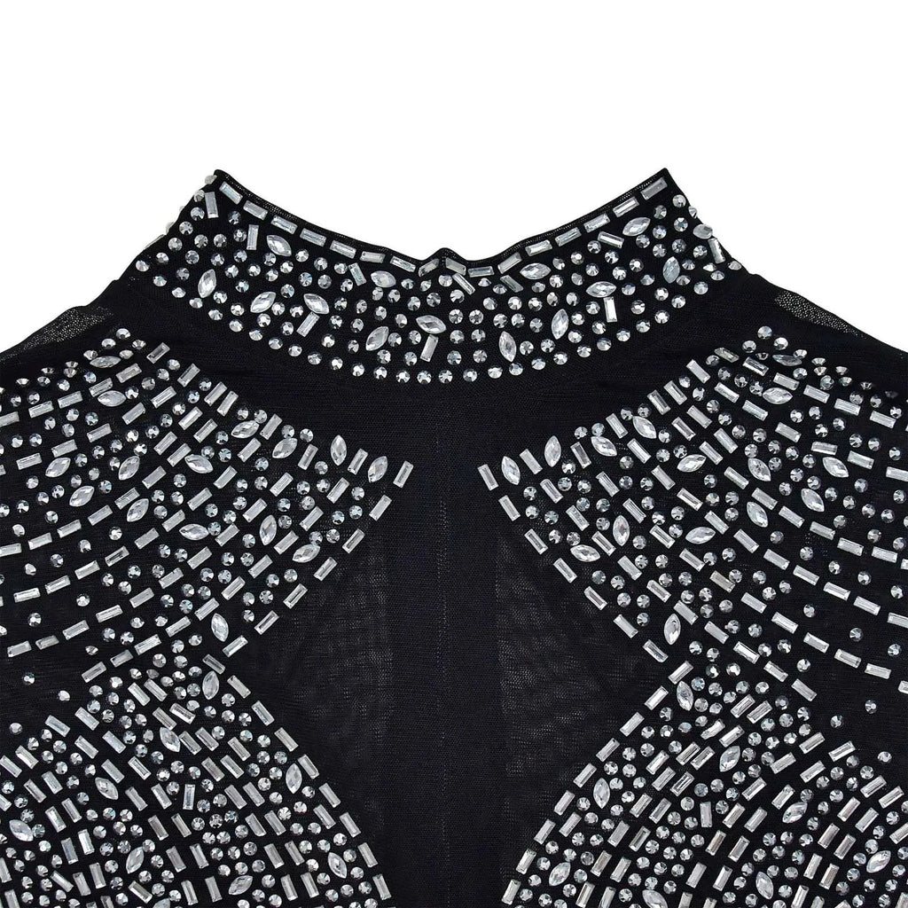 Women's Glittery Rhinestones Gymnastics Jumpsuit Sheer Mesh Patchwork Mock Neck Long Sleeve Dance Rompers One-piece Bodysuit
