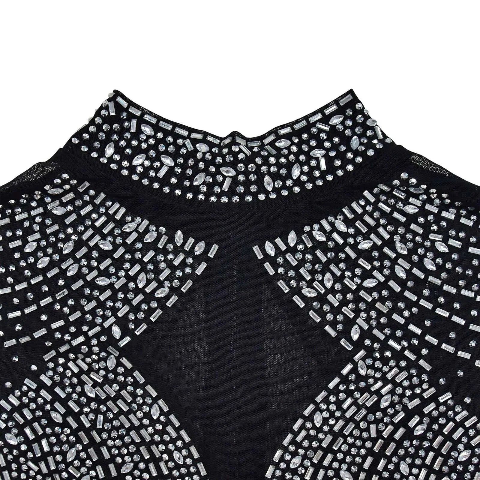 Women's Glittery Rhinestones Gymnastics Jumpsuit Sheer Mesh Patchwork Mock Neck Long Sleeve Dance Rompers One-piece Bodysuit
