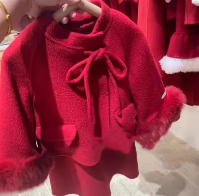 Girl's Set Made of Fabric with Cotton Clip Thickened Woolen Jacket and Dress New Fashion Trend for 2024 Winter Clothing