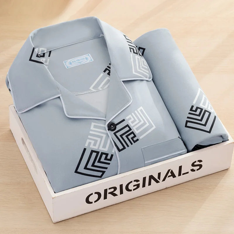 Men's Thin Cotton Pajamas Long Sve Long Pants Two-Piece Set Casual