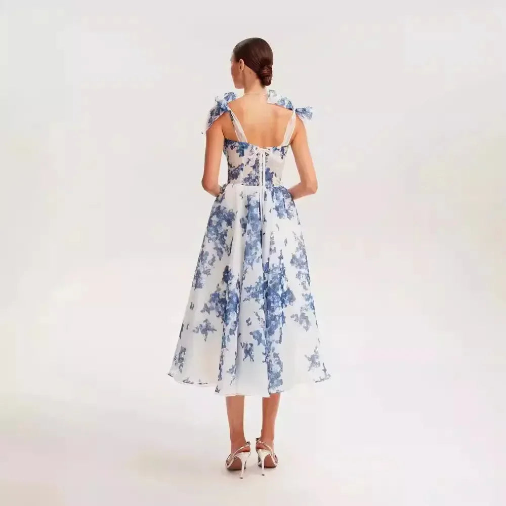 French Super Fairy Holiday Suspender Sleeveless Waist Printed Dress Slim Fit Party Dress for Women Bandage Sweet Ladies Dress