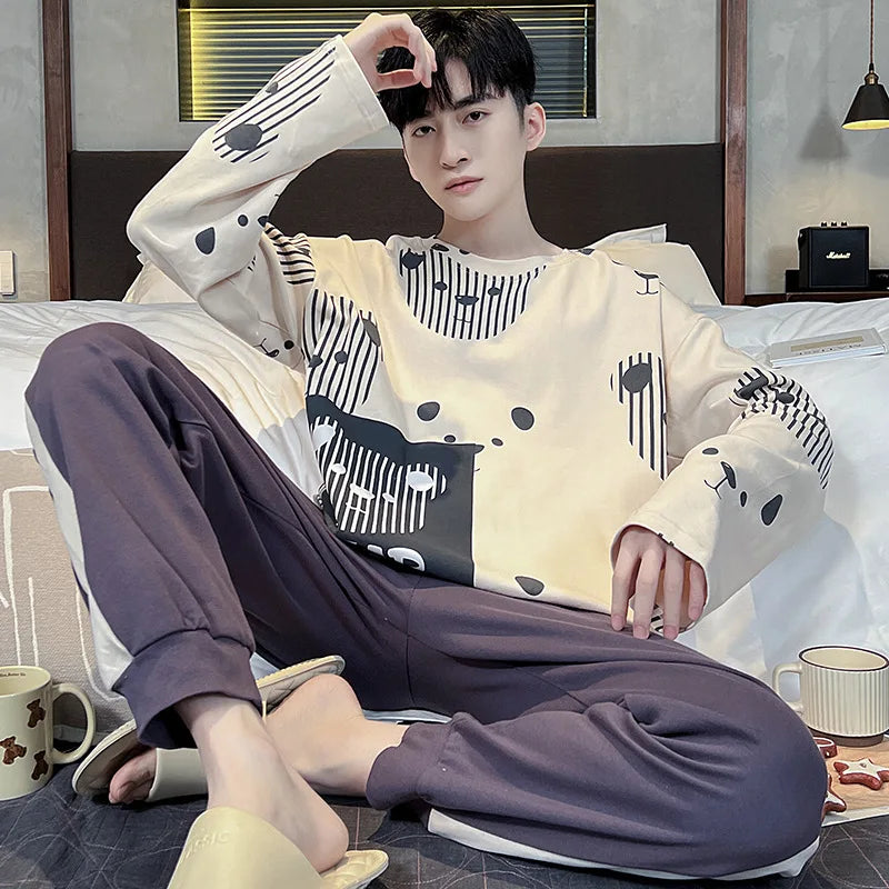 Men's Pajamas Spring Autumn 100% Cotton Youth Pajamas Student Suits Fashionable Sweet Cartoon Home Clothes For Men