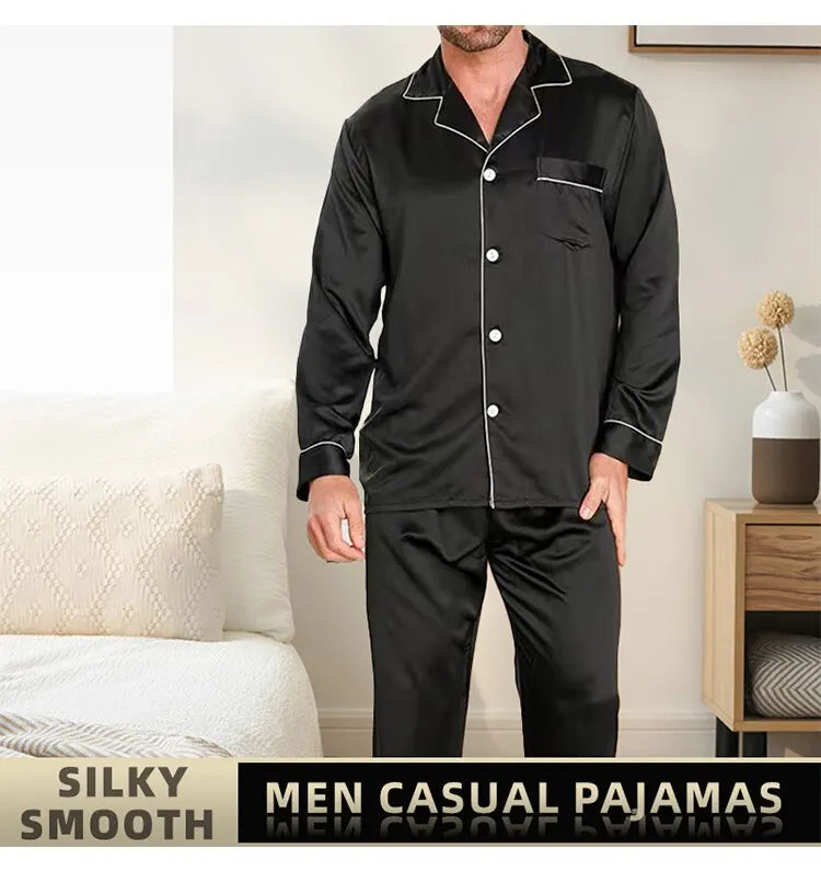 Men Ice Silk Pajamas Sleepwear Pajama Sets Nightclothes Black Blue L XXL 3XL 4XL Long Sleeves Long Pants Smooth Solid Color