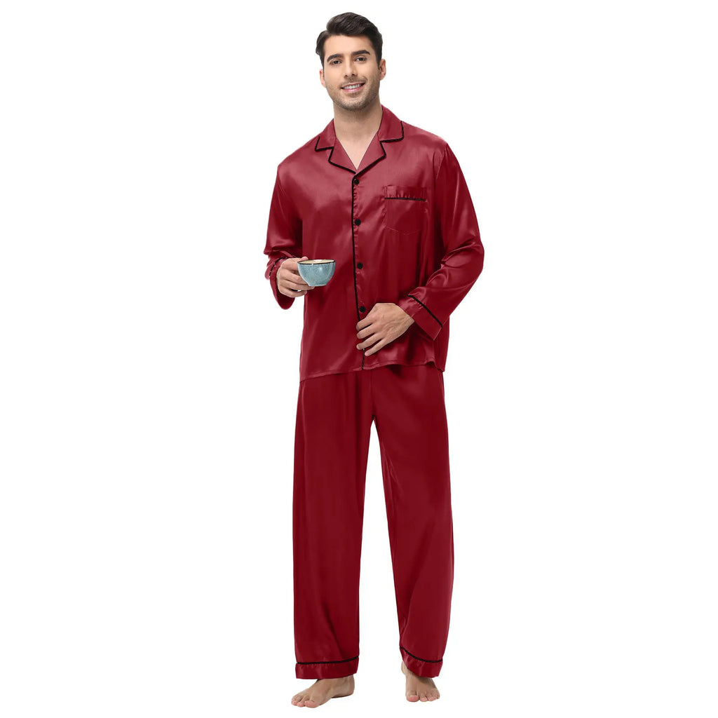Men Pajamas Set Silk Satin Sleepwear