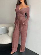 Women's Pajamas Sexy Tight-fitting Button V-neck Long-sleeved Drawstring Long Trousers Two-piece Set Casual Simple Homewear