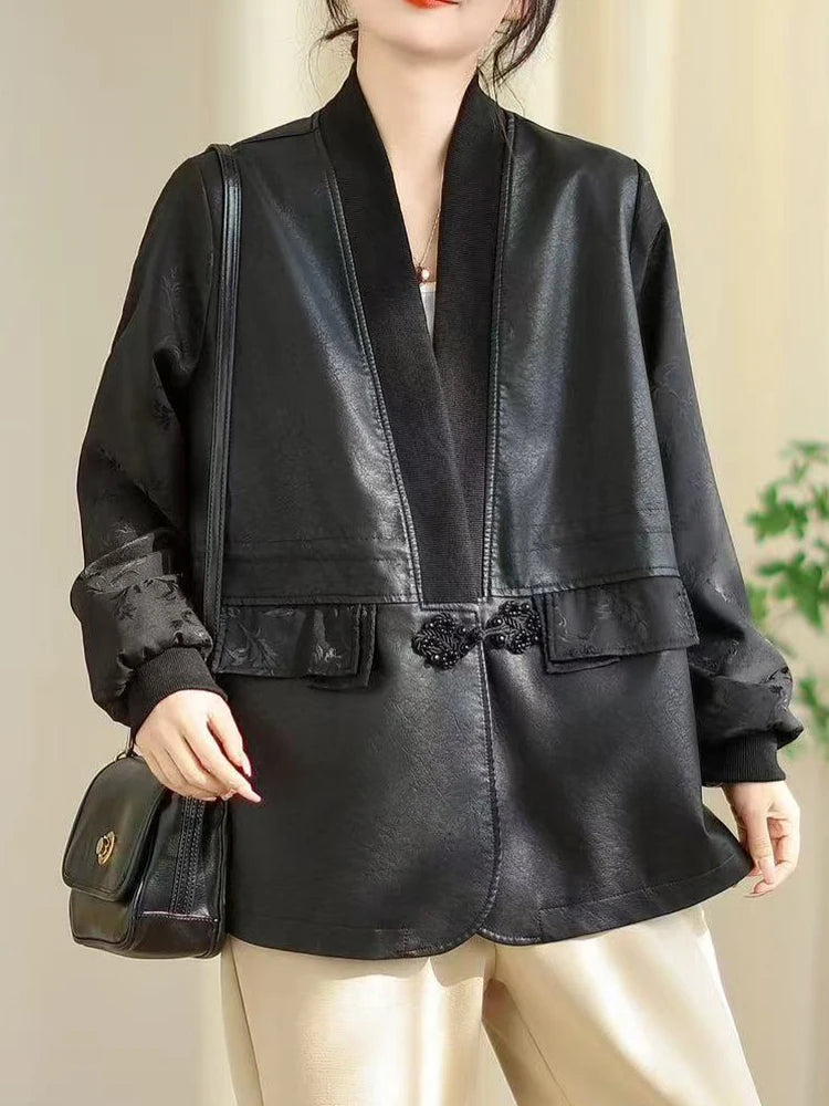 Amax LuluE Chinese 2025 Autumn Ladies Fashion Patchwork Faux Leather Jackets Womens Loose V Neck PU Coat Luxury Vintage Outwear