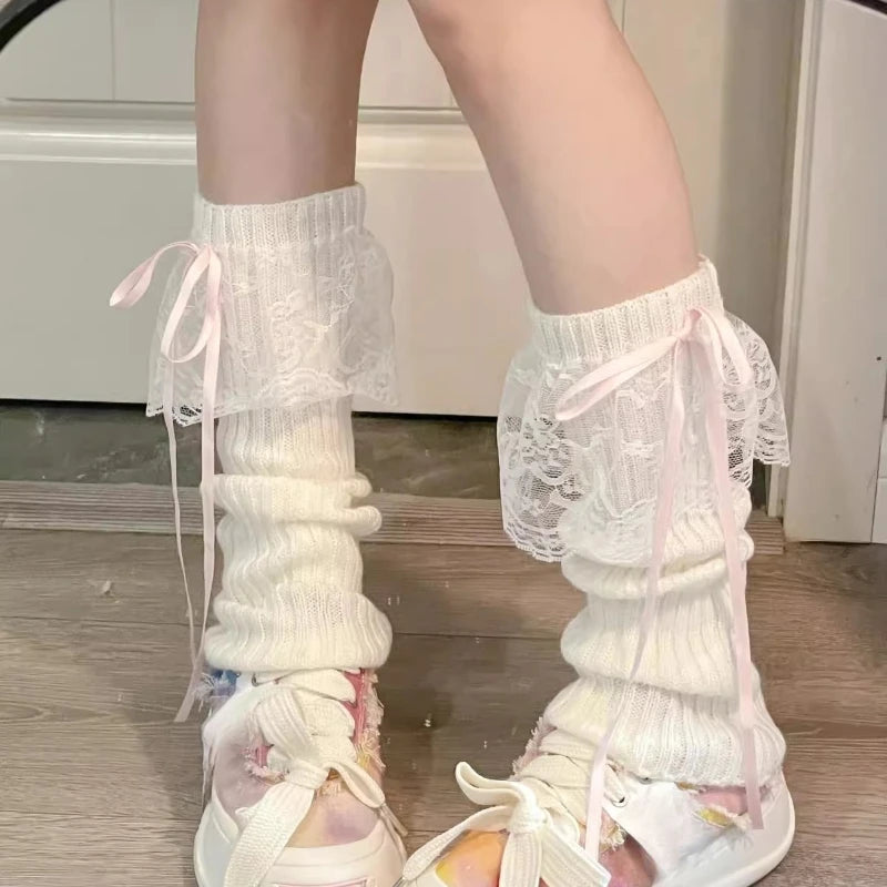 2025 New Woman Leg Warmers Autumn and Winter Ribbon Lolita Black Knee Warmers Long Socks JK Knitted Girl White Leg Warmers